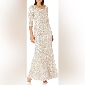 Alex Evenings Champagne Ivory Lace Sequin Trumpet 3/4 Sleeve Formal Gown 8